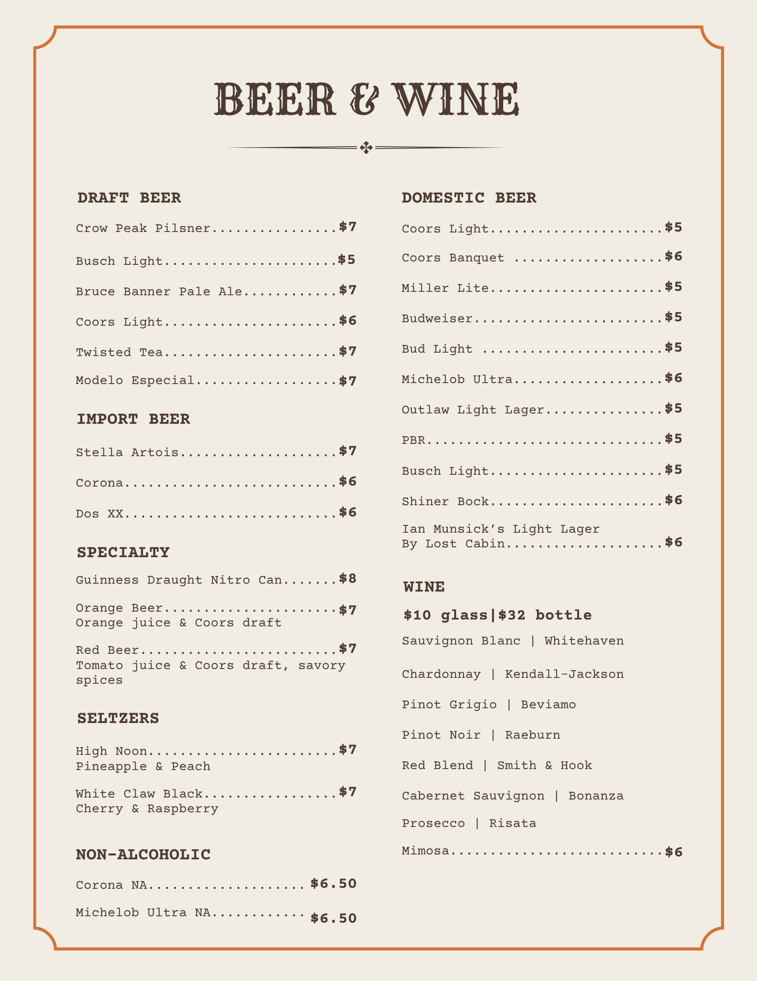 Bar menu: beer and wine